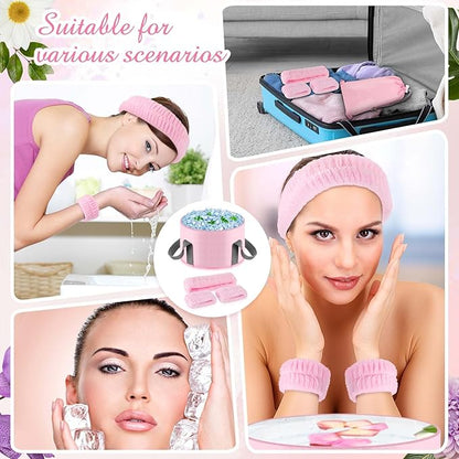 Face Ice Bath Bowl - Pink Foldable Collapsible Design with Headband & Wristbands Set, Skincare Combo for Women, Travel Friendly Home Spa, Makeup Removal & Sensitive Skin Care