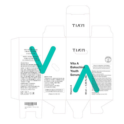 TIAM Vita A Bakuchiol Youth Serum, 1.35 fl oz, Anti-Aging Serum for Wrinkles & Dark Spots, Enhances Firmness & Elasticity, Retinol Alternative for Sensitive Skin, Korean Skin Care
