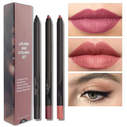 MAEPEOR Matte Lipliner and Eyeliner Kit 3 PCS Smoothly Creamy Lipliner and Eyeliner Pen Set for Daily Wear (3PCS Kit 1)