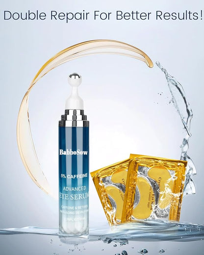 Caffeine Eye Cream and 24K Gold Eye Mask (20 pcs): Under Eye Serum for Dark Circles and Puffiness Eye Care Eye Serum Anti Aging with 360° Massage Ball Reduce Eye Bags, Wrinkles and Fine Lines