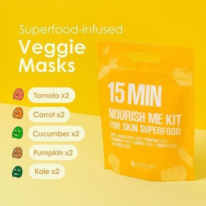 15 Min Nourish Me Kit by Naisture – Korean Spa and Skincare Kit for Women with Kale, Pumpkin, Cucumber, Carrot, and Tomato Face Masks