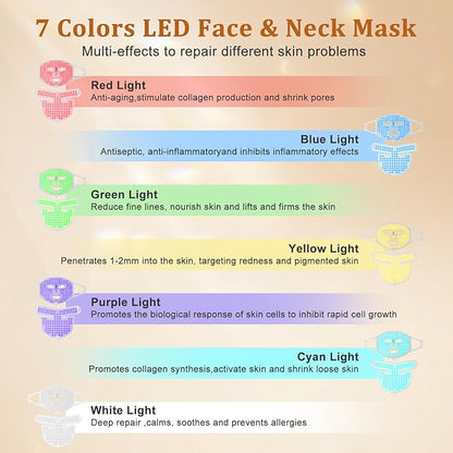 Hotodeal LED Face Mask Light Therapy,7 Colors Light Therapy for Face & Neck Mask,Skin Rejuvenation Anti-aging Beauty LED Mask,Silicone Material Foldable for Easy Carrying