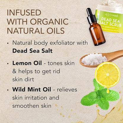 O Naturals Exfoliating Lemon Oil Dead Sea Salt Deep-Cleansing Face & Body Scrub. Anti-Cellulite Tones Helps Oily Skin, Acne, Ingrown Hairs & Dead Skin Remover. Essential Oils, Sweet Almond 18oz