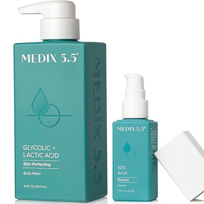 Medix 20% Glycolic Acid Booster + Exfoliating Body Wash Cleanser Skin Care 2PC Set | AHA Exfoliant Cleanser + Body Serum Both Refine + Soften Dead Dry Skin, Bumps, Wrinkles, & Fine Lines, Bundle