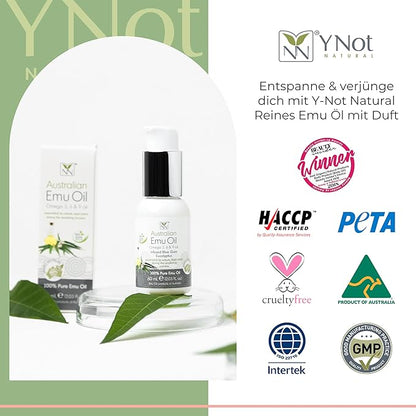 Emu Oil Pure Skin Moisturizer - Nail, Body, Face, Scalp & Hair Moisturizer with Omega 3, 6, 9, Vitamins, & Minerals - Australian Emu Oil for Skincare by Y-Not Natural - 60mL, Blue Gum Eucalyptus