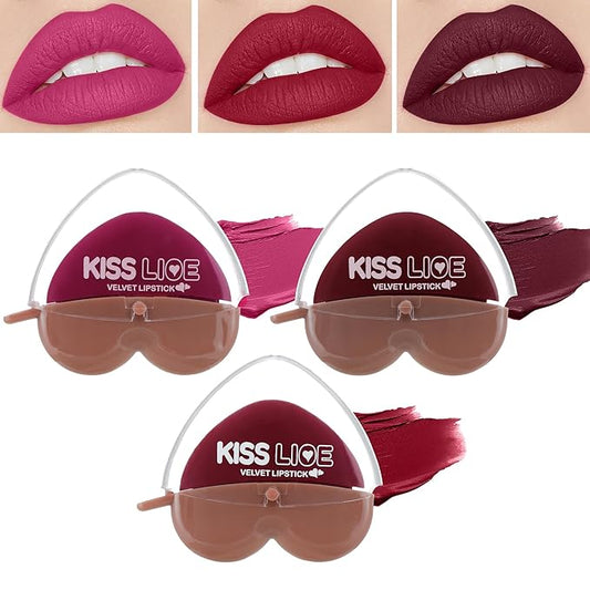 Pink Purple Dark Burgundy Brown Matte Velvet Lipstick for Women-3 Colors Long-Wear Non Stick Cup Heart Shape Lazy Lipstick Set, Waterproof High Pigmented 24H Lip Stick Makeup for Lazy People -Set 5