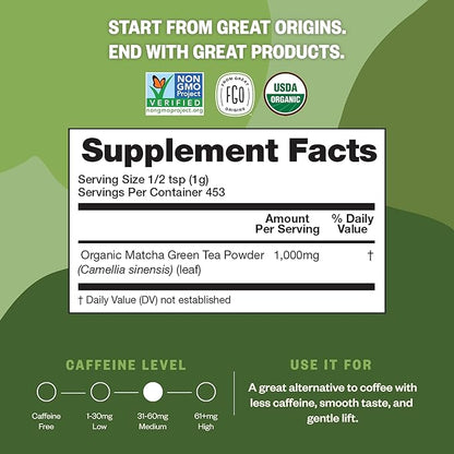 FGO Organic Matcha Green Tea Powder, Japanese Culinary Grade for Cooking, Baking, or Smoothies, 16oz Bulk Resealable Bag, Packaging May Vary (Pack of 1)