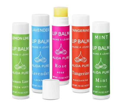 Aria Lip Balm Collection, Vegan Lip Balm Set, Beeswax Free, with Avocado Oil, Organic Jojoba Oil, and Vitamin E, Natural Moisturizer for Dry, Chapped Lips, 5 Tube Set