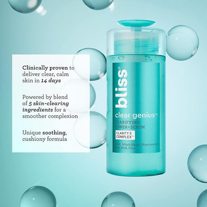 Bliss Daily Acne Routine Kit, 2pc Set- Clear Genius Toner + Serum, and Cleanser - Cleanse and Tone for Acne- Clean, Vegan, Cruelty-Free Skincare