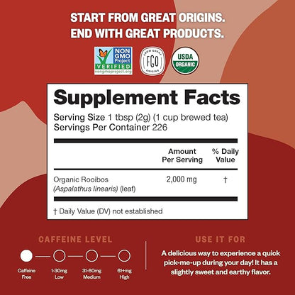 FGO Organic Rooibos Tea, 16 Ounce Loose Leaf Bulk Resealable Bag, Caffeine Free, Packaging May Vary (Pack of 1)
