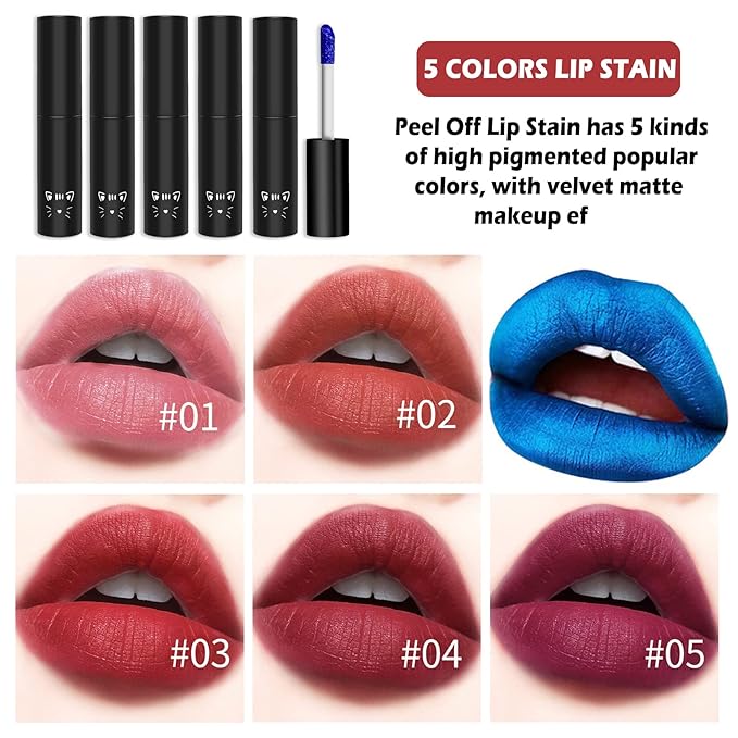 AWCCXMYM 5Pcs Peel Off Lip Stain Lip Tint Matte Lipstick Nude Lip Gloss Long Lasting Waterproof Up To 24 Hours Non Stick Cup Non Fade Liquid Lipstick Lip Tint Stain Makeup Set