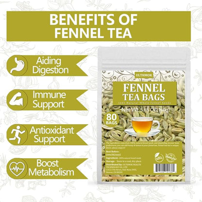 Premium Fennel Tea Bags, 80 Tea Bags. Made with Natural Whole Fennel Seeds, Caffeine Free & No Additives.
