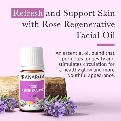 Pranarom - Rose Regenerative Facial Essential Oil Blend (5ml) - Lavender, Rosehip Seed, Frankincense, and Lemon - 100% Pure Essential Oil for Skincare | USDA and ECOCERT Certified Organic