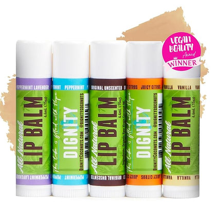 Fragrance Free Lip Balm w/Coconut Oil, Cocoa Butter & Essential Oils – Hydrating Lip Care Set - Vegan Lip Balm (Pack of 5 Lavender Peppermint, Juicy Citrus, Vanilla, Peppermint, Unscented)