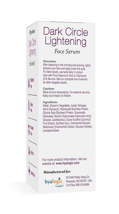Hyalogic Dark Circle Lightening Face Serum - Treat Under Eye Dark Circles w/Hyaluronic Acid, Eveseryl & Regu-Age - Soothe, Nourish & Rejuvenate Skin - .47oz