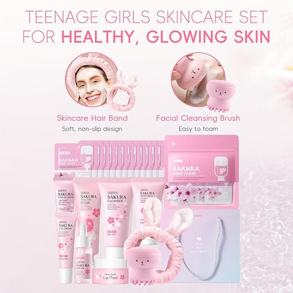 Sakura Skincare Set for Teen Girls, Complete 34PCS Face Care Kit, Christmas Pamper Gift Set for Women & Teenage Girls, Hydrating & Nourishing Travel-Friendly Daily Facial Skincare Routine