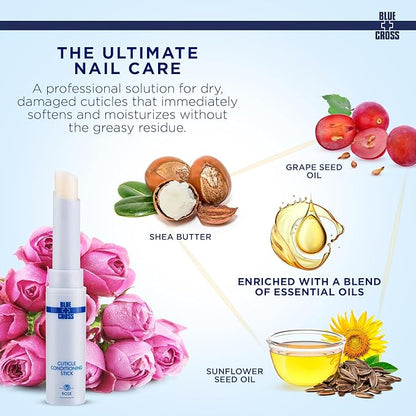 Blue Cross Professional Nail Care Nourishing Scented Cuticle Softener Oil Balm Conditioning Stick + Blossom Hydrating Moisturizing Scented Cuticle Oil, 2 Pack Rose Bundle