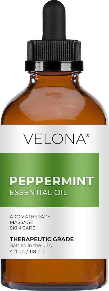 velona Peppermint Essential Oil 4 Fl Oz | Therapeutic Grade 100% Pure and Natural | for Aromatherapy Diffuser, Massage, Skincare, Haircare, Soapmaking | Undiluted and Multipurpose in Glass Bottle