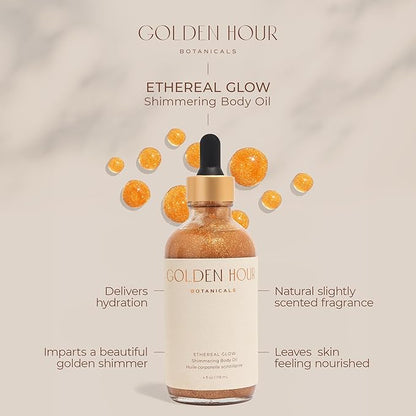 Organic Skincare Products Made in USA, Vegan, Cruelty Free, Moisturizing + Hydrating Shimmer Gold Glitter Body Oil, 4fl oz/118ml, Ethereal Glow