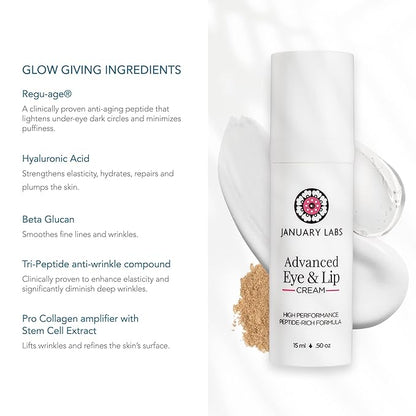 Advanced Eye and Lip Cream, High-Performance Eye Cream for Dark Circles and Puffiness, Nourishing Lip and Under Eye Cream for Wrinkles, Tri-Peptide Blend for Youthful Glowing Skin, 15mL