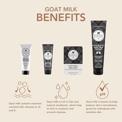 Dionis Goat Milk Skincare 4 Piece Goat Milk Travel Set for Men - Hydrating Bar Soap, Shave Butter, Hand & Body Cream - Cedarwood & Sea Salt Scent, On-the-Go Grooming Essentials In Carrying Case