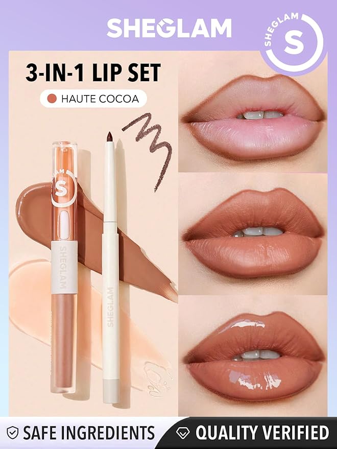 SHEGLAM Soft 90'S Glam 3-In-1 Lip Liner Moisturizing Plant Extracts Long Lasting Liquid Lipstick Plumping Lip Gloss Makeup Set - Haute Cocoa