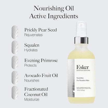 ESKER Nourishing Body Oil For Sensitive Skin Formulated to Hydrate and Retstore Dry Skin Infused with Prickly Pear Oil | Unscented | Vegan | Cruelty-Free Clean Beauty (4 fl oz | 120 ml)