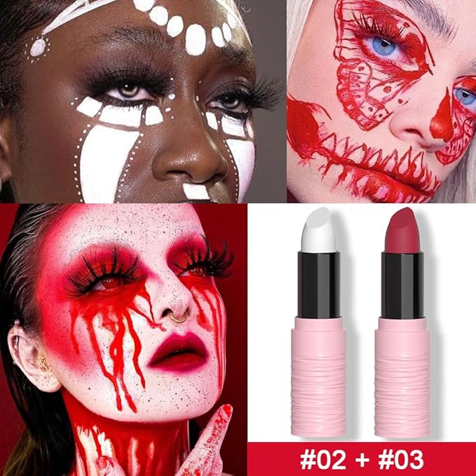 Kaely 2Pcs Lip Face Body Paint Stick,Eye Black Stick,Halloween Cosplay Birthday Party Clown Makeup Sets,Easy to Color,White Red Matte Lipstick Set,labiales magicos 24 horas originales
