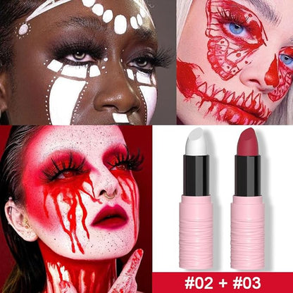 Kaely 2Pcs Lip Face Body Paint Stick,Eye Black Stick,Halloween Cosplay Birthday Party Clown Makeup Sets,Easy to Color,White Red Matte Lipstick Set,labiales magicos 24 horas originales