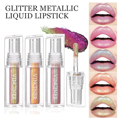 Pink Glitter Lipstick Diamond Metallic Shimmering Liquid Lipstick,High Shiny Lip Gloss Long Lasting Smudge-Proof Transfer-Proof Sparkle Glitter Lipstick & Eyeshadow,Aurora Glossy Lip Gloss Makeup(06#)