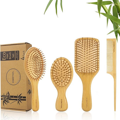 Bamboo Hair Brush and Comb Set for Women Men and Kids,Natural Bamboo wood Wide-tooth brush and tail comb - Paddle Detangling Brush for Wet Dry Curly Hair