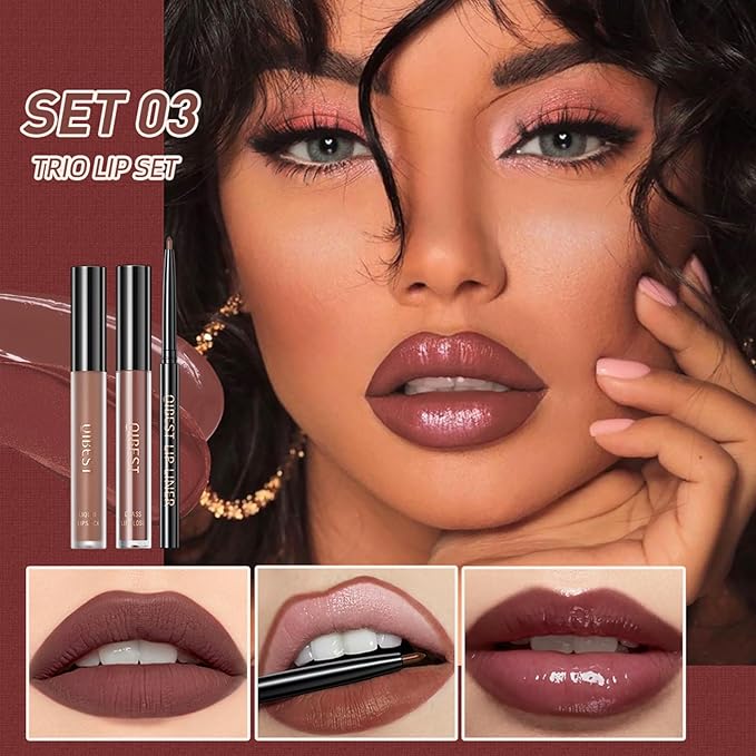 3 In 1 Liquid Lipstick Makeup Set, Non-stick Cup Matte Liquid Lipstick For Woman, Moisturizing Lip Gloss And Lip Liner, Long Lasting Lipstick 24H,Waterproof Velvet Liquid Lipstick Kit (03# Temperament Brown)