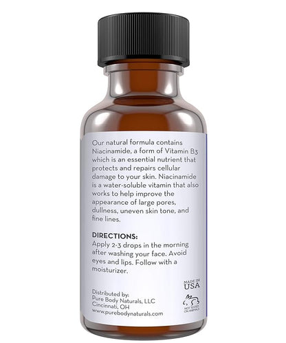 Pure Body Naturals Vitamin B3 Niacinamide Serum, 1 Fluid Ounce - Super Moisturizer Cream for A Younger Looking Face and Body - Pore Reducing Facial Lotion - Pure and Natural Ingredients
