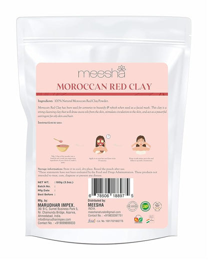 meesha Moroccan Red Clay Powder Red Clay | 3.5 oz (100g) | Detoxifying, cleansing, oil-absorbing, hair-conditioning clay | DIY face masks, body scrubs, dry shampoo, hair shampoo| 100% Natural