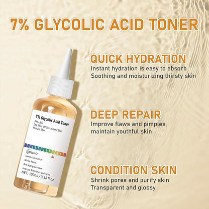 7% Glycolic Acid Exfoliating Toner, Exfoliating Facial Toner, Smooth Skin, Even Tone, Hydrating Formula, Pore Minimizer (Large, Unscented)