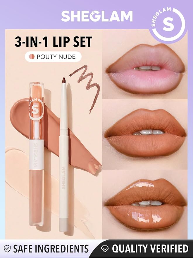 SHEGLAM Soft 90'S Glam 3-In-1 Lip Liner Moisturizing Plant Extracts Long Lasting Liquid Lipstick Plumping Lip Gloss Makeup Set - Pouty Nude