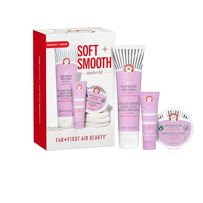 First Aid Beauty Soft + Smooth Starter Body Kit: KP Bump Eraser Body Scrub, 4 oz, Smoothing + Brightening Lotion (Peach), 1oz, & Ingrown Hair Pads, 28 Pads, Exfoliation & Hydrating Skin Care Set, 3ct