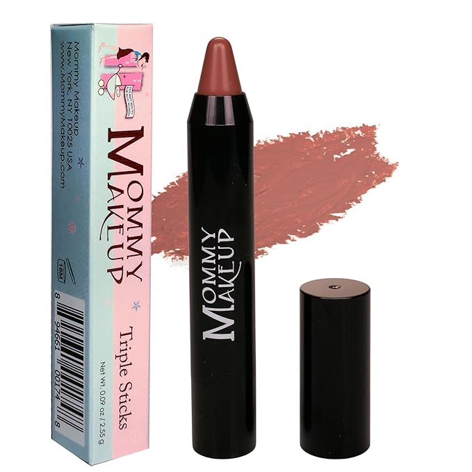 Mommy Makeup Triple Sticks Lipstick & Cream Blush in Ginger Spice (A Soft Nutmeg) - Soft & Creamy, Moisturizing Multistick For Lips & Cheeks with Medium Coverage