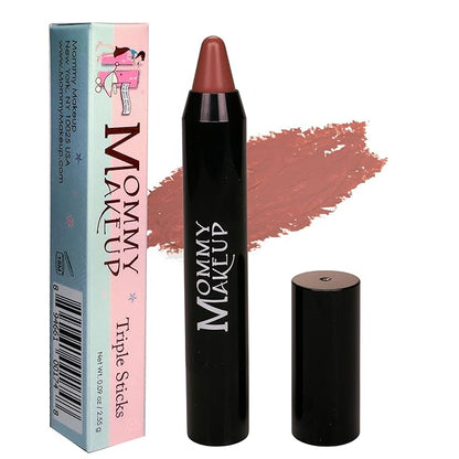 Mommy Makeup Triple Sticks Lipstick & Cream Blush in Ginger Spice (A Soft Nutmeg) - Soft & Creamy, Moisturizing Multistick For Lips & Cheeks with Medium Coverage