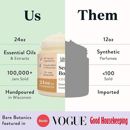Bare Botanics Coconut Vanilla Body Scrub 24oz | Made in Madison, WI | All Natural Sea Salt Exfoliator w/ Skin Loving Moisturizers | Vegan & Cruelty Free | Gift Ready Packaging w/ a Cute Wooden Spoon