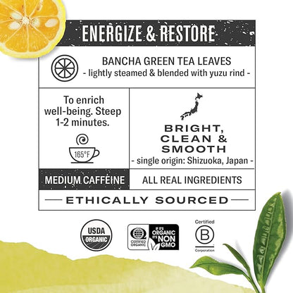 Numi Organic Yuzu Bancha Tea, 16 Tea Bags (Pack of 3) Roasted Japanese Green Tea with Citrus, Caffeinated