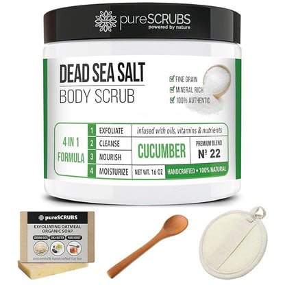pureSCRUBS Premium Cucumber Body Scrub Set - Large 16oz Dead Sea Salt Body Scrub for Women Exfoliation KP Bump Eraser Body Scrub Includes Wooden Spoon, Loofah & Soap
