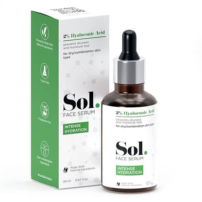 Sol. 2% Hyaluronic Acid Intense Hydration Face Serum, Prevents Dryness & Moisture Loss, Hydrating & Moisturizing, Softens & Smoothens, Non-irritating, White, 20 ml (Pack of 1)