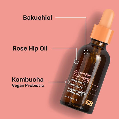 Serum for Anti-Aging with Bakuchiol, Rose Hip Oil and Vegan Probiotic Kombucha 1 oz. - Backuchiol Anti Aging Serum & Bakuchiol Skin Renewal Serum