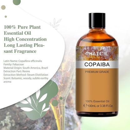 Copaiba 3.38fl.oz Essential Oil, PHATOIL Pure Aromatherapy Oils for Diffuser, Humidifier, Perfect for DIY Soap, Candle, Bath Bombs Making(100ml)