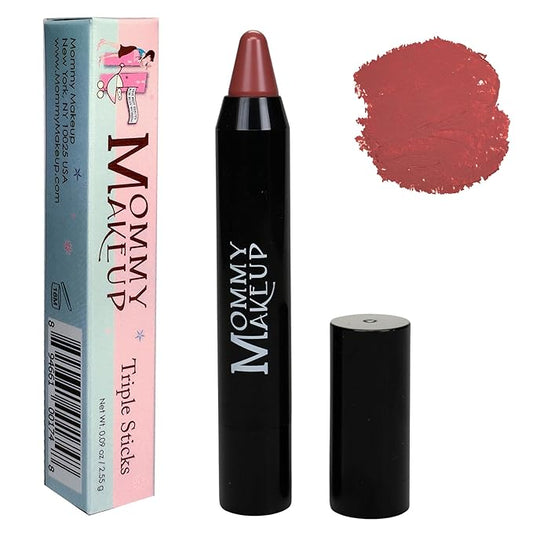 Mommy Makeup Triple Sticks Lipstick & Cream Blush in Tess (A Muted Rose) - Soft & Creamy, Moisturizing Multistick For Lips & Cheeks with Medium Coverage
