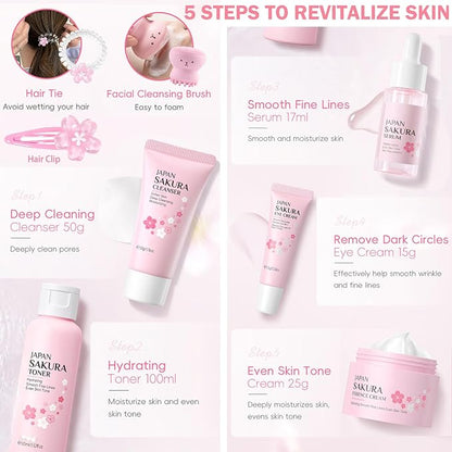 Skin Care Set for Women Girls, Cherry Blossoms Beauty Gift Sets for Intense Hydration, Face Skin Care Kit with Cleanser, Toner, Serum, Eye Cream, Face Cream - 8Pcs Skin Care Routine Kit