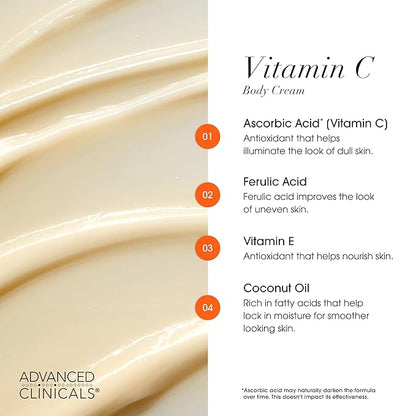 Advanced Clinicals Brightening Vitamin C Body Cream + AHA Exfoliating 10% Glycolic Acid & Lactic Acid Lotion 2PC Skincare Set For Women & Men To Reduce Appearance Of Dark Spots & Uneven Skin Tone