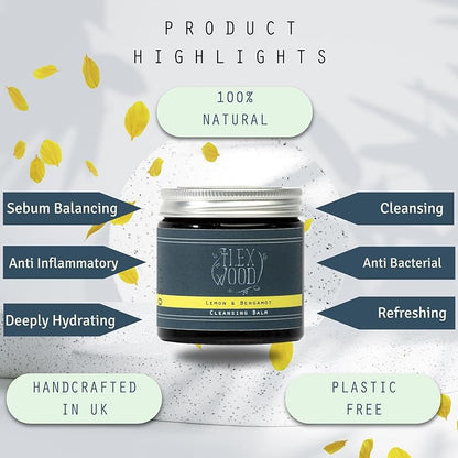 Lemon and Bergamot Cleansing Balm - Face Care Cleansing, Moisturising and Make up Remover. 100% Natural, Vegan, Cruelty Free, Plastic Free - 60ml (2.03 fl oz)