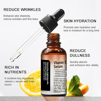 Travel Size Korean Skincare Set, Korean Skin Care Set with Vitamin C Facial Serum, Snail Mucin 92% Moisturizer, Amino Acid White Mud Cleanser, Facial Kit for Women/Teen Hydrating & Plump Skin - 3Pcs